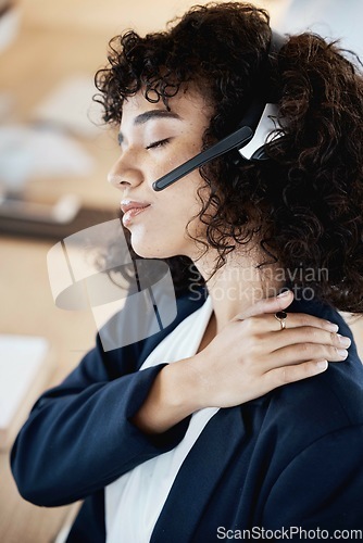 Image of Telemarketing, black woman and neck pain in call center, stress and customer service for tech support. Business, female consultant and agent with muscle strain, tired and overworked in modern office