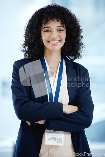 Image of Business woman, portrait and happiness with success and professional mindset, corporate goals with vision. Face, career and leadership mission with empowerment, confident and happy with management