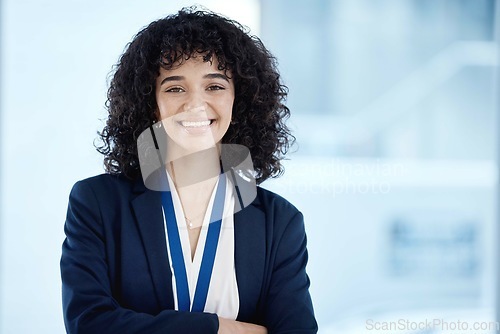 Image of Business woman, portrait and smile with vision and professional mindset, corporate goals with success. Face, happy in career and leadership mission with empowerment, mockup space and leader in Mexico