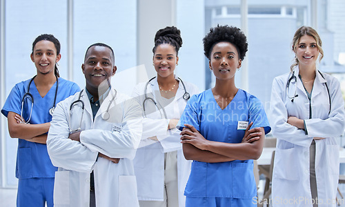 Image of Proud, diversity and doctors portrait in healthcare mission, hospital values and teamwork or leadership. Group of medical staff, nurses or professional employees face of USA clinic in workforce goals