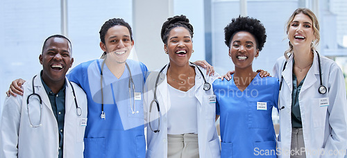 Image of Group, happy doctors and healthcare portrait for hospital services, mission and diversity values. Support, love and laughing nurses, medical professional employees or face of USA clinic staff success