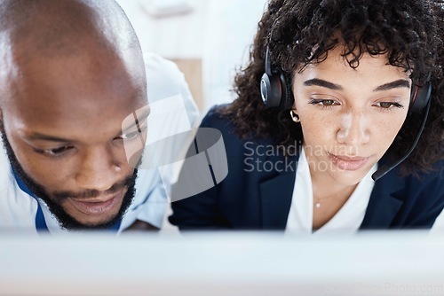 Image of Callcenter face, thinking or teamwork on computer for coaching, consulting or networking in office. CRM, learning or black man and woman on tech telemarketing, research or strategy support service