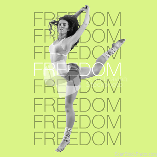 Image of Woman, dancing and freedom, words and motivation overlay, fitness and dancer jump on inspirational poster on green background. Energy, free and dance, portrait and action with workout and text