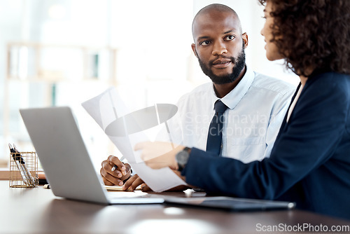 Image of Documents, planning and meeting black people or clients accounting strategy, finance and taxes or budget review. Teamwork, analysis and financial advisor or employee talking to partner of investment