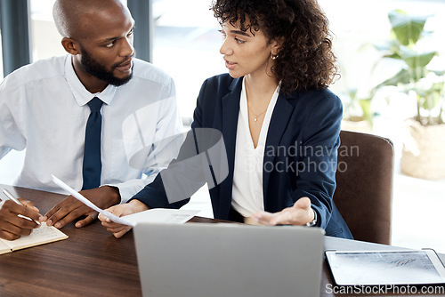 Image of Discussion, business and black people with paperwork for accounting budget, planning and company portfolio review. Teamwork, financial advisor and analysis of contract, investment or legal consulting