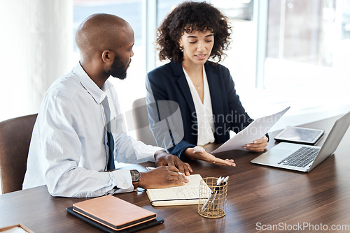 Image of Meeting, business and black people with documents for accounting budget, planning or company portfolio review. Teamwork, financial advisor and analysis of ideas, investment report or legal consulting