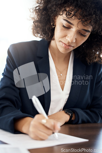 Image of Paper, writing and woman lawyer in office with document, form and planning on white background space. Legal, firm and female write notes on information, schedule or reminder while working on a case