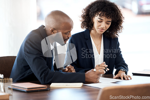 Image of Contract consulting, business and black people planning of accounting budget, company portfolio or bank review. Teamwork, financial advisor and analysis of notes, investment report or legal paperwork