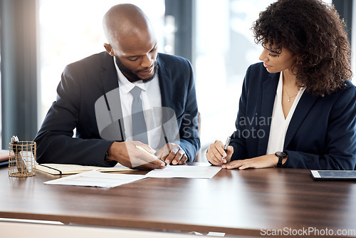 Image of Documents, business and black people planning with contract for accounting budget, company portfolio or review. Teamwork, financial advisor and analysis of notes, investment report or legal paperwork