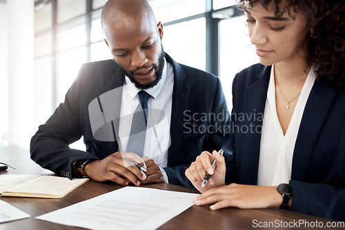 Image of Documents, business team and black people reading notes for accounting strategy, planning and company portfolio review. Meeting, analysis and executive office contract of legal corporate consulting