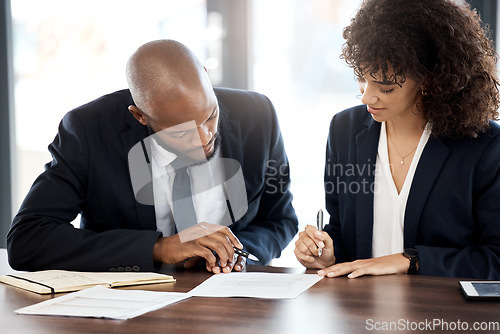 Image of Teamwork, business and black people reading contract for accounting strategy, planning or company portfolio review. Collaboration, financial advisor and report notes of paper, legal consulting or job