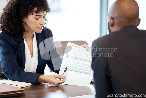 Image of Businesswoman, documents and financial advisor consulting client for paperwork, report or investment idea. Broker, consultant and meeting of teamwork, contract or planning legal feedback consultation