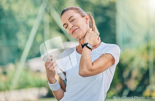 Image of Fitness, neck pain and tennis training with a mature woman on a outdoor court with mockup and injury. Sports, wellness and workout inflammation of a athlete with joint and muscle problem from sport