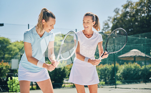 Image of Tennis, sport and women with athlete and coach on outdoor turf, training instructor with fitness motivation and help. Exercise, sports lesson and workout together, teaching and learn skill on court