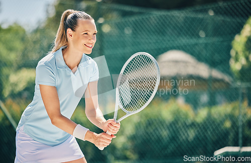 Image of Woman, tennis player and ready in sports game for match or hobby with smile on court. Happy female in sport fitness holding racket in stance for training or practice in the outdoors on mockup