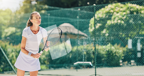 Image of Senior woman, tennis player and ready in sports game for match or hobby on the court. Elderly female in sport fitness holding racket in stance for training or practice in the outdoors on mockup