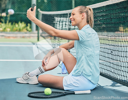 Image of Tennis, woman and selfie at court during training, fitness and morning routine outdoors. Sports, girl and smartphone photo before match, performance or exercise, workout and smile for profile picture