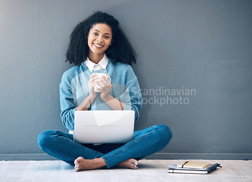 Image of Brazil, mockup or portrait of black woman on floor on laptop for planning creative idea, strategy or website review. Motivation, happy or startup employee girl on tech for networking or internet blog