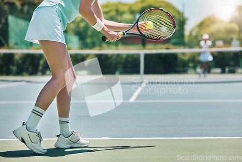 Image of Tennis serve, sports and woman with legs on outdoor court, fitness motivation and competition with athlete training. Workout, healthy and player on turf, active with sport and exercise with action