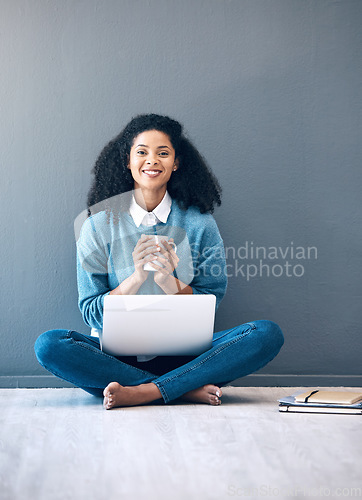 Image of Laptop portrait, mockup or black woman on floor of startup for planning creative idea, strategy or website review. Motivation, happy or girl employee in Brazil on tech for networking or blog news