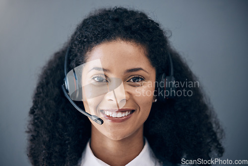 Image of CRM, customer service face or black woman smile for success B2B deal, support or telemarketing in studio background. Happy or callcenter consultant portrait for contact us, telecom or sales network