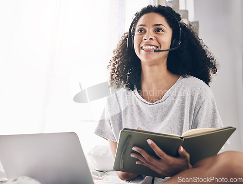 Image of Writing, remote work or happy black woman in call center with pride helping, talking or networking online. Books, consulting or insurance agent in communication at customer services or sales at home