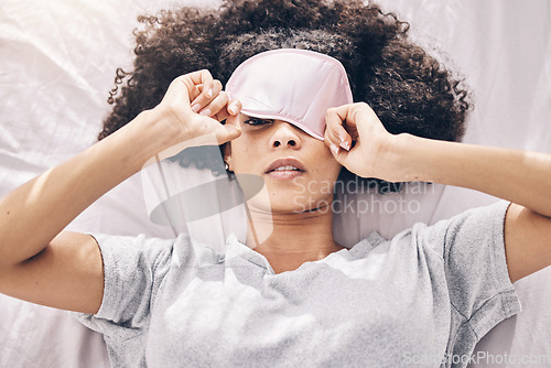 Image of Sleep, relax and black woman with eye mask waking up, dream and refresh body and mind in apartment or hotel. Dreaming, rest and relaxation, tired girl sleeping late on weekend morning in cozy bedroom