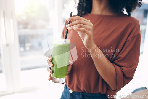 Image of Hands, smoothie and straw with a black woman drinking a health beverage for a weight loss diet or nutrition. Wellness, mock up and drink with a healthy female enjoying a fresh fruit juice at home