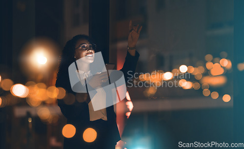 Image of Black woman, phone and night business with bokeh mockup lights for network connection idea. Happy entrepreneur person smartphone ux interface in dark office for networking, contact and communication