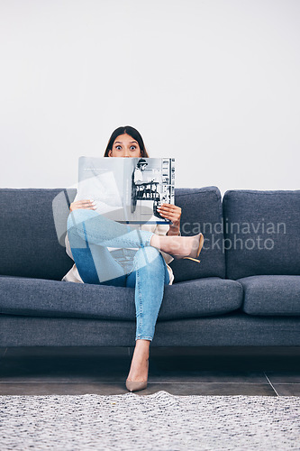 Image of Wow, magazine or woman reading newspaper articles for trendy information on house sofa with wall mockup. Story, surprised or shocked person studying abstract art for knowledge or press announcement