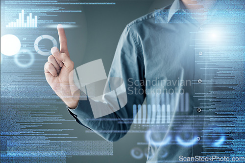 Image of Man, finger and overlay for data analytics by chart and tech innovation for planning in office. Information technology expert, 3d holographic or hand for iot design, focus or fintech in night