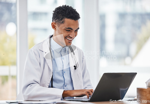 Image of Happy, black man doctor or laptop on internet medical research data, email or healthcare medicine report. Science, success or nurse smile on tech for hospital schedule, surgery agenda or clinic web