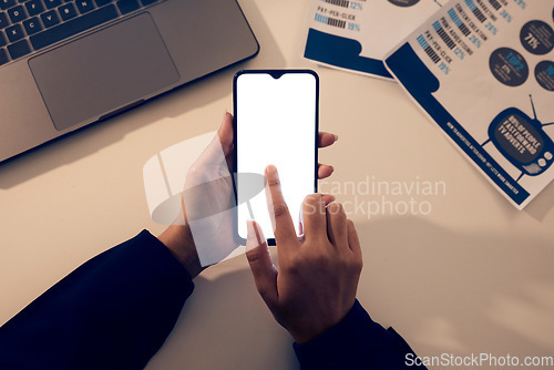 Image of Hands, top view screen and phone mock up in office for branding, web browsing or social media. Technology, mockup and female employee or woman with mobile smartphone for marketing or advertising.