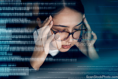 Image of Programming, coding and stress with woman at night for 404, headache and digital transformation glitch. Frustrated anxiety and crisis with employee and deadline for media, database and matrix