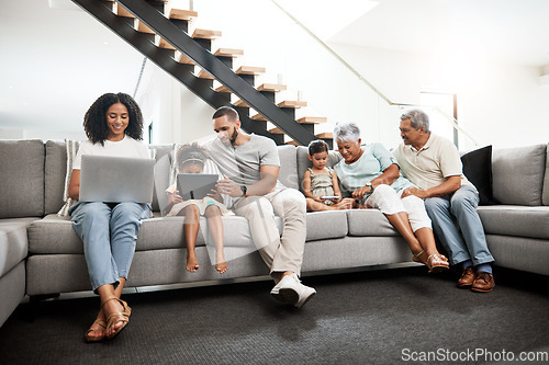 Image of Family addicted to technology devices, social media and the internet in a home or house connected to wifi. Online, laptop and tablet by distracted people, grandparents and children with parents