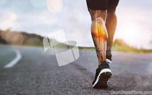 Image of Runner legs, outdoor street space and mockup with x ray, joint pain and exercise in nature for wellness. Man, running and road with sneakers, running shoes and training in summer sunshine for health