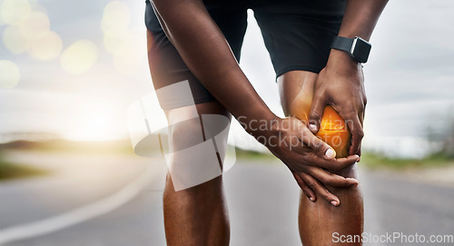 Image of Knee accident, red body and man exercise with medical pain, muscle strain and sports emergency. Legs, wound and fitness injury from workout, arthritis and skeleton anatomy for orthopedic first aid