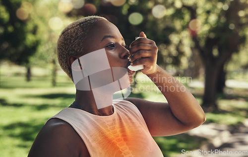 Image of Nature, fitness and woman with asthma pump after an intense running workout or training in park. Healthcare, sports inhaler and African female with respiratory problem after cardio exercise in field.