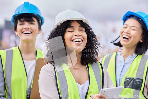 Image of Construction, collaboration and friends laughing while working on a tablet on an architecture project. Building, teamwork or portrait with an engineer, designer and technician having a laugh together