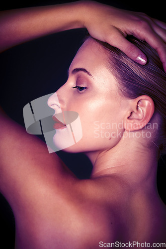 Image of Back, skincare and woman with dermatology, cosmetics and girl on dark studio background. Makeup, female and lady with shoulder, morning routine and grooming style for treatment, smooth and clear skin