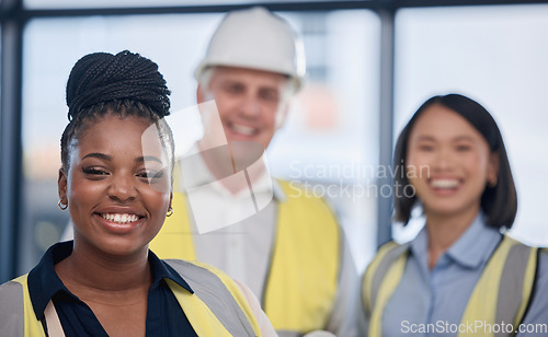 Image of Engineering, diversity and portrait of a industrial team working on a construction project. Collaboration, multiracial and group of industry workers doing maintenance or repairs at an indoor site.