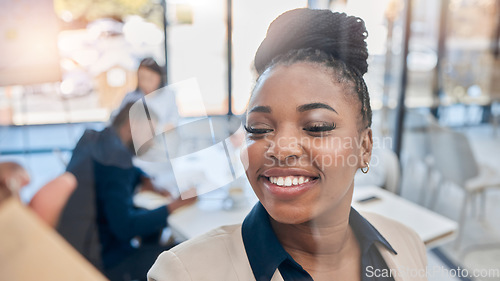 Image of Planning, office and woman writing on a board for a project in conference room with team. Business, professional and African female employee working on corporate strategy with colleagues in workplace