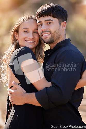 Image of Portrait, love and couple hug, smile and celebration for partnership, marriage and relationship. Face, man and woman embrace with happiness, dating and loving with romance, bonding and Valetines day