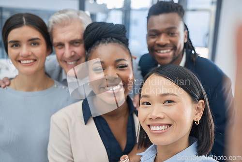 Image of Portrait, diversity and business people with partnership, collaboration and teamwork for advertising campaign. Face, employees or multiracial in workplace, coworkers with joy or new project in office
