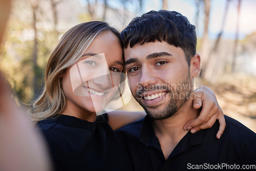 Image of Love, selfie and couple outdoor, relationship and happiness for break, celebration and dating. Portrait, man and woman in nature, vacation and summer holiday for honeymoon, anniversary and embrace