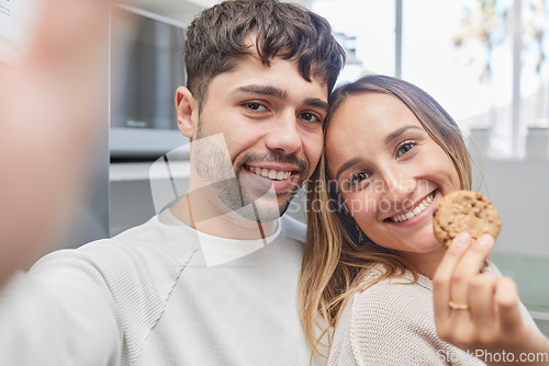 Image of Cookie, love and selfie with couple, smile and happiness in the morning, celebration for Valentines day and cheerful together. Portrait, man and woman with biscuit, loving or bonding for relationship