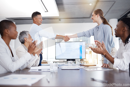 Image of Handshake, congratulations meeting and people success, celebration or applause of career goals, target or sales. Business teamwork, shaking hands and clapping in partnership, promotion or achievement