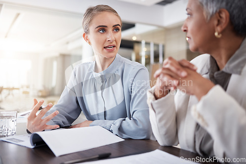 Image of Meeting, discussion and business women with documents for marketing strategy, planning and ideas. Teamwork, partnership and female workers in conversation for company review, paperwork and proposal