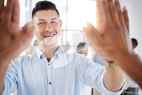 Image of Businessman, portrait and high five for success, teamwork and celebration of winning goals. Happy worker, achievement and hands for motivation, mission and target of trust, support and office vision