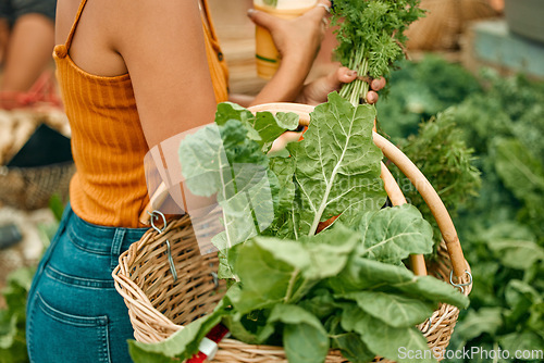 Image of Grocery, market and woman with a basket of vegetables at an outdoor farm food stall supplier. Customer, diet and female shopping for fresh, natural and organic produce for nutrition and cooking.